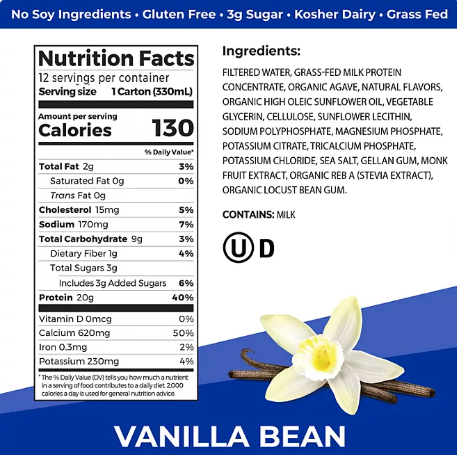 Orgain 20g Clean Protein Grass-Fed Protein Shake, Vanilla Bean (11 fl. oz , 12 pk)