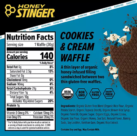 Honey Stinger Gluten Free Waffle Box Pack, Cookies & Cream (12 ct)