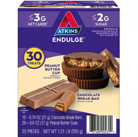 Atkins Endulge Peanut Butter Cup Chocolate Break Bar Variety Pack (30 ct)