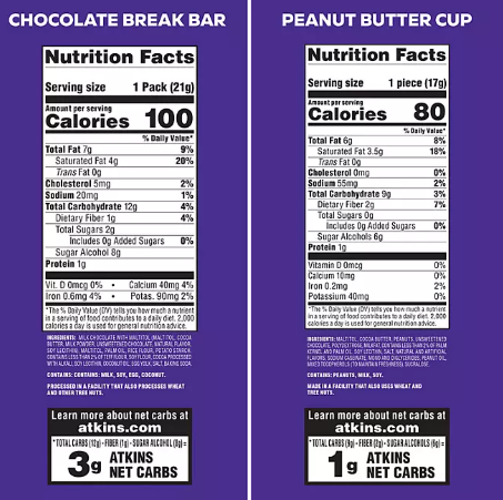 Atkins Endulge Peanut Butter Cup Chocolate Break Bar Variety Pack (30 ct)