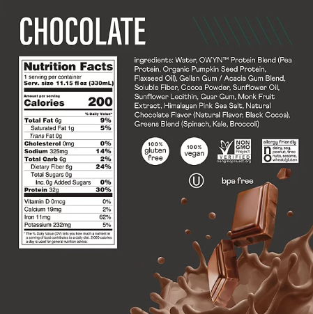 OWYN Pro Elite 32g Keto Plant Protein Shake, Chocolate (11.15 fl oz, 15 pk )
