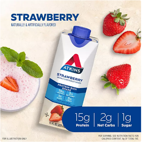 Atkins 15g Keto Protein Shake, Strawberry (11 fl. oz 15 pk)