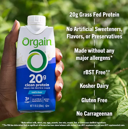 Orgain 20g Clean Protein Grass-Fed Protein Shake, Vanilla Bean (11 fl. oz , 12 pk)