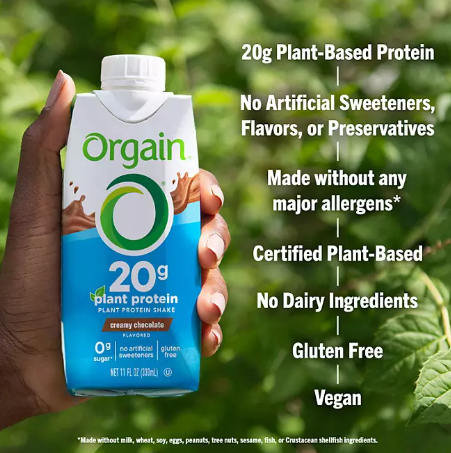 Orgain 20g Plant Based Protein Shake, Chocolate (11 fl. oz 12 pk)