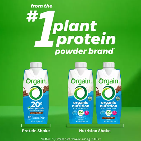 Orgain 20g Plant Based Protein Shake, Chocolate (11 fl. oz 12 pk)