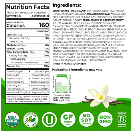 Orgain Organic 21g Plant-Based Protein Powder + Superfoods, Vanilla (2.7 lbs)