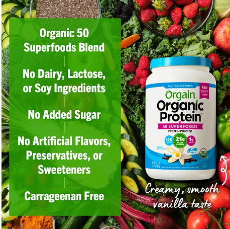 Orgain Organic 21g Plant-Based Protein Powder + Superfoods, Vanilla (2.7 lbs)